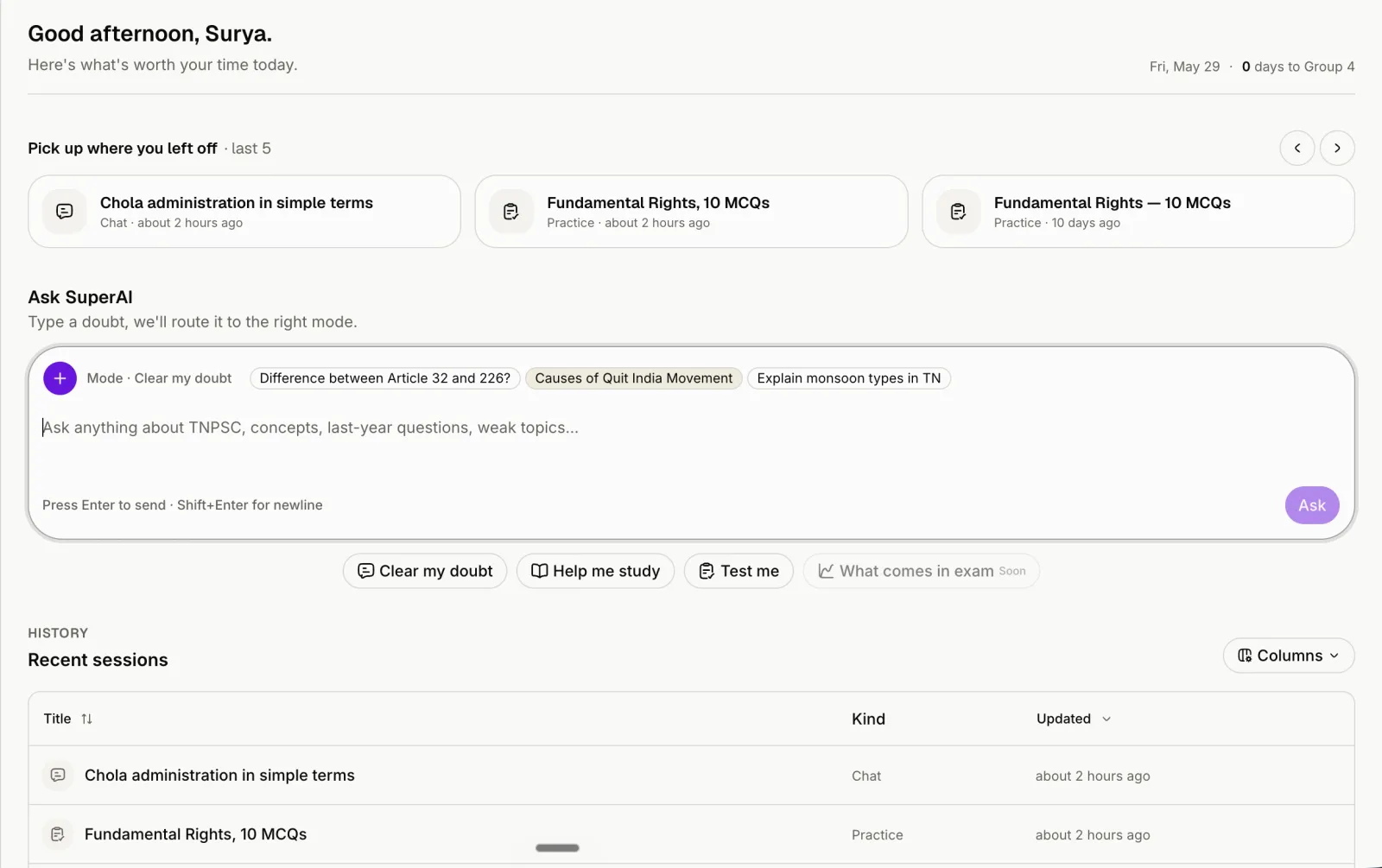 SuperAI hub with Ask SuperAI composer, recent chats, and study sessions