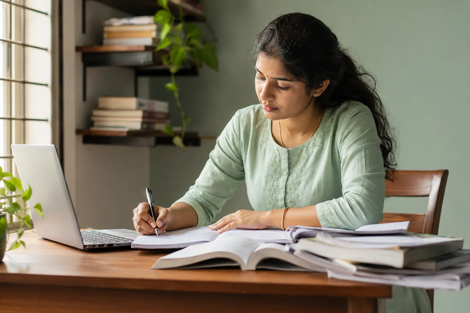 A TNPSC aspirant studying at her desk with a laptop, notebook, and textbooks